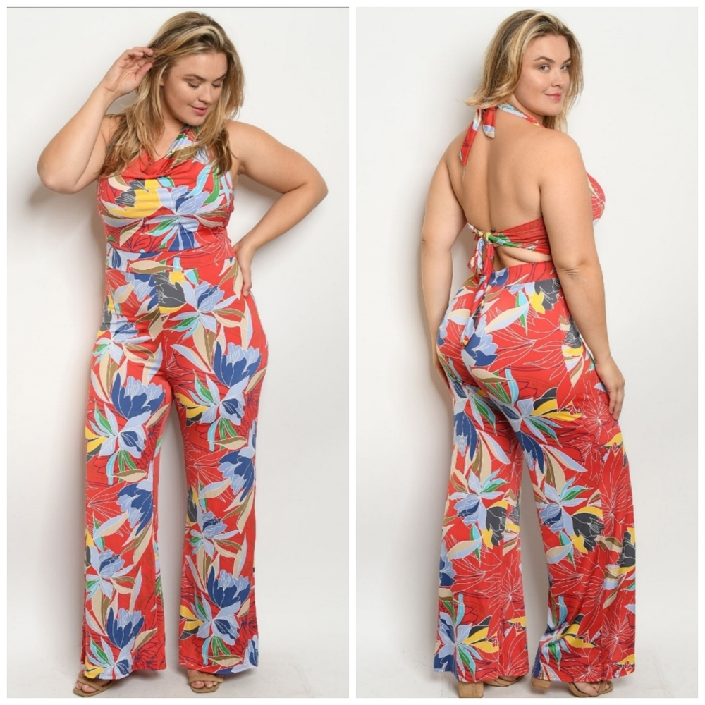 JANETTE PLUS red Hawaiian print halter jumpsuit
